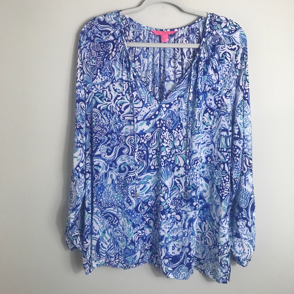 Lilly Pulitzer Rayon Popover Blouse-Blue Green-XL